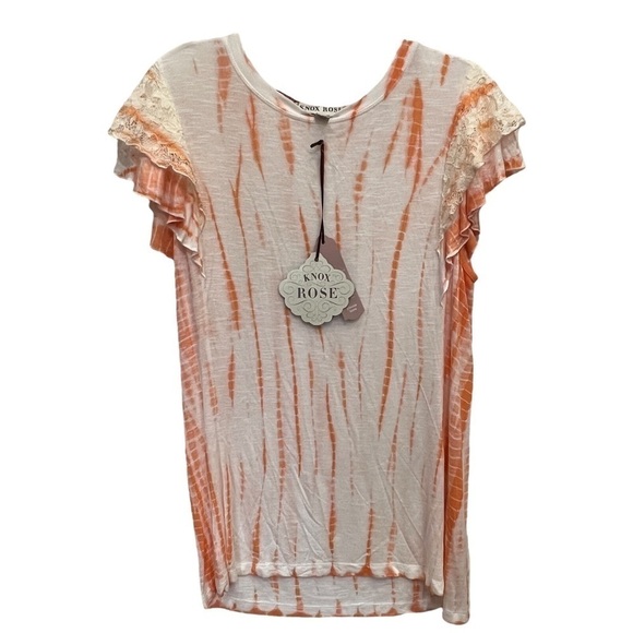 KNOX ROSE Tangerine & White Boho Ruffled Cap Sleeved Top, NWT Medium - Picture 1 of 8